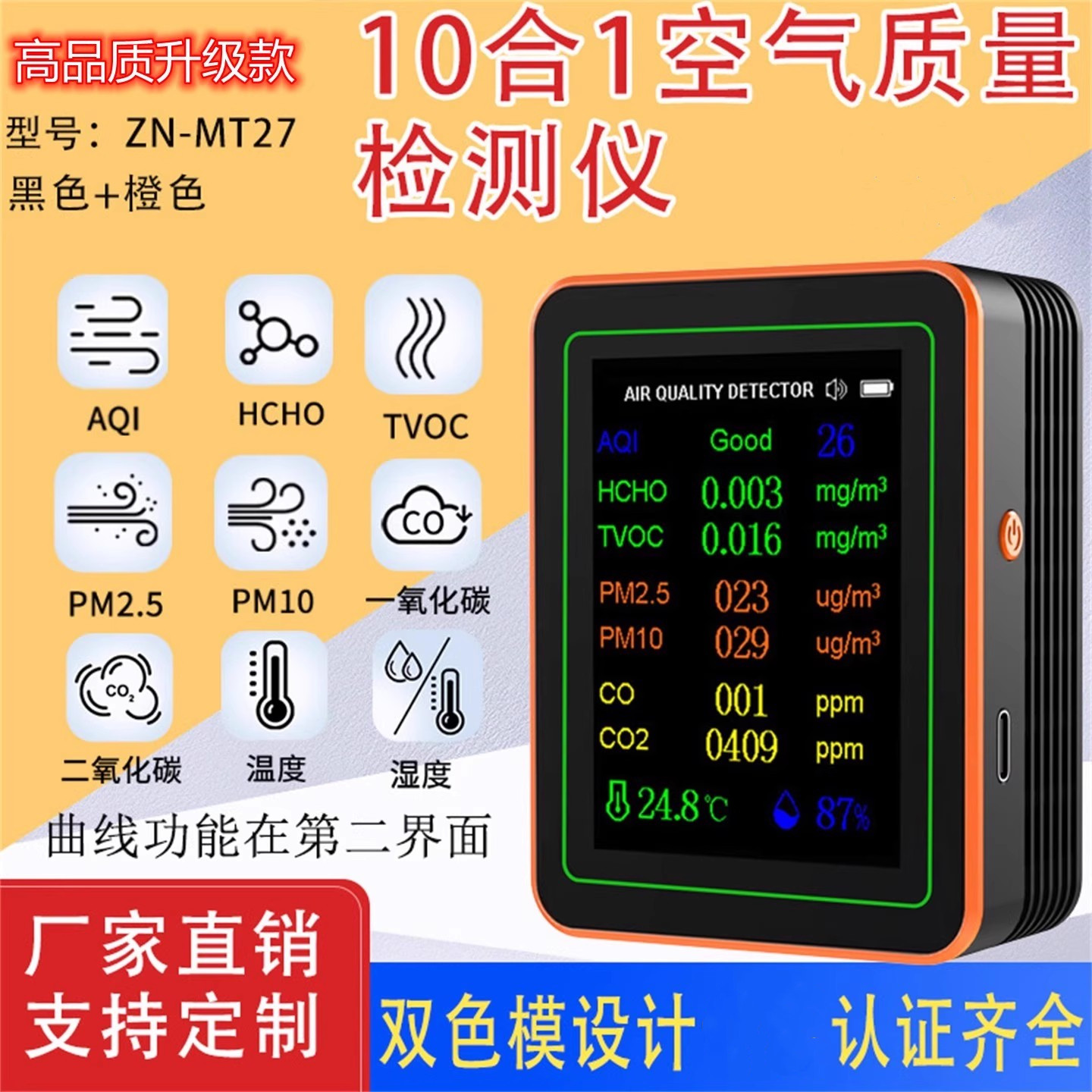 10合1甲醛检测仪二氧化碳pm2.5TVOC报警器户外空气质量温湿度计