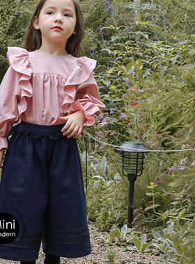 韩国原装进口Maron春秋款女童纯棉木耳花边长袖上衣 松紧腰阔腿裤