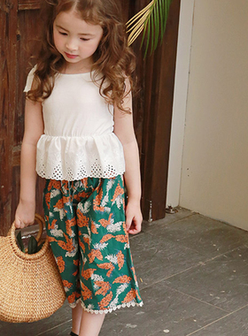 韩国原装进口Puell女童夏薄无袖束腰上衣背心 时尚蕾丝松紧七分裤