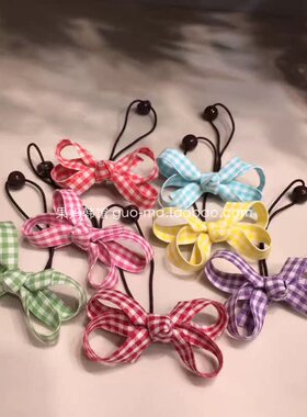 韩国原装进口DIY女童时尚洋气可爱甜美百搭格子蝴蝶结头绳2根装