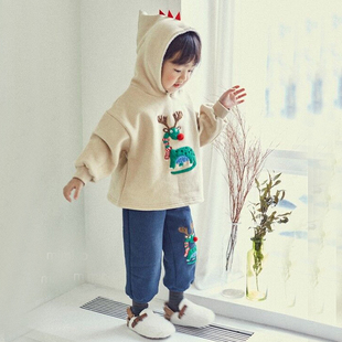 韩国原装进口秋冬CO男女童圣诞小鹿加绒连帽长袖卫衣收口打底长裤