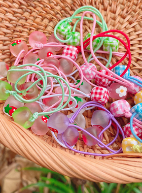 韩国原装进口女童可爱甜美樱桃草莓格子半透明方块头绳揪揪辫皮筋