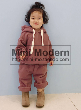 韩国原装进口秋冬男女童做旧加厚加绒保暖带绳连帽长袖卫衣裤套装
