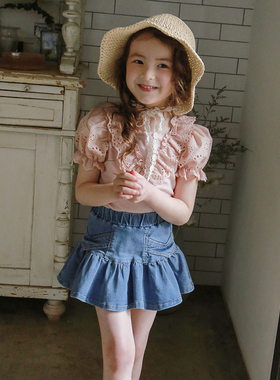 韩国原装进口Puell夏薄款女童纯棉蕾丝V领气质花边短袖上衣半身裙
