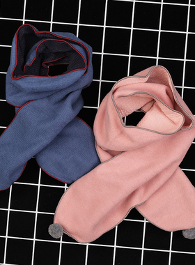 韩国进口冬款女童时尚双毛球绒面锁边蓝色红球 粉色灰球保暖围巾