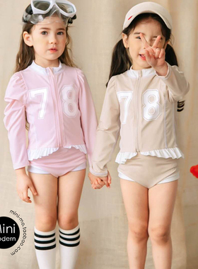 韩国原装进口TN女童可爱洋气78拉链长袖短裤甜美沙滩速干泳衣泳裤