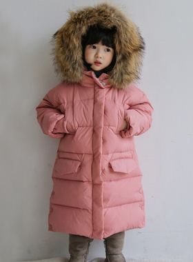 韩国进口冬季女童时尚过膝中长款连帽羽绒服毛领鸭绒鹅绒保暖外套