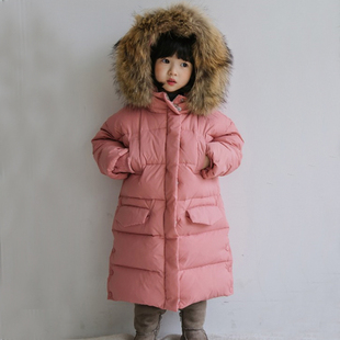 韩国进口冬季女童时尚过膝中长款连帽羽绒服毛领鸭绒鹅绒保暖外套