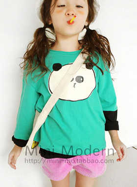 韩国原装进口春秋男女童灯芯绒坑条纹粉紫色短裤 熊猫长袖撞色T恤