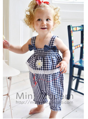 英国原装进口Powell Craft女小童夏薄款假两件格子吊带连体衣帽子