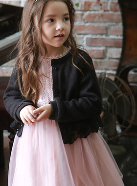 韩国原装进口PUELL夏季女童可爱蕾丝花边亮片飞袖连衣裙 薄款开衫