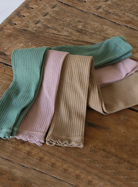 韩国原装进口Puell女童花边坑条纹纯棉打底长裤春秋蕾丝边裤子