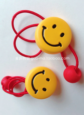 韩国原装进口女童可爱笑脸圆球头绳白兔棕熊橡皮筋毛绒边夹2个装