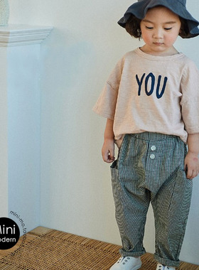 韩国原装进口春秋儿童全棉ME&YOU个性字母T恤 轻薄口袋格子哈伦裤