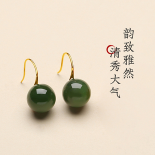 天然俄料碧玉菠菜绿高跟鞋 18K金和田玉珠子高级耳坠耳饰 耳环女款