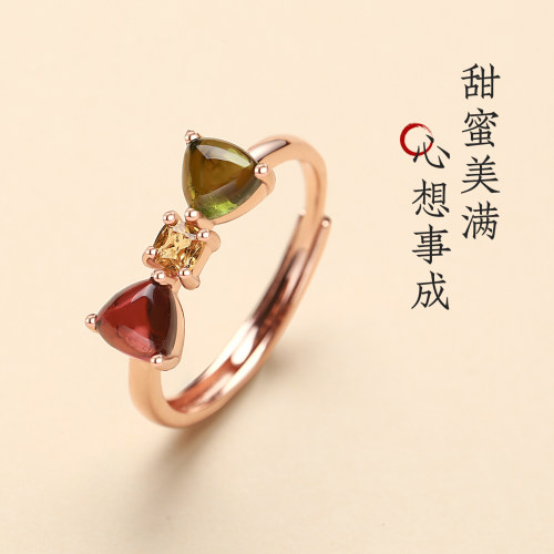 天然碧玺纯银蝴蝶结活口戒指