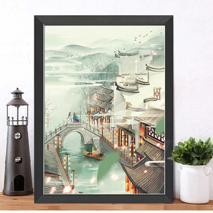 蒙娜丽莎印花十字绣梦里江南水乡新款满绣竖版客厅古风风景线绣画