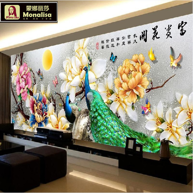 蒙娜丽莎印花十字绣花好月圆牡丹富贵花开绿光森林孔雀新款客厅画
