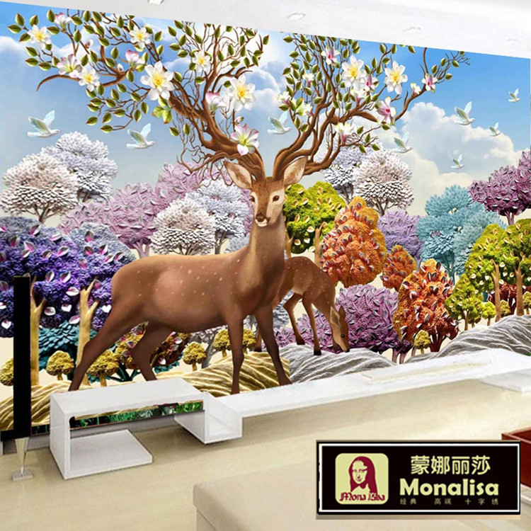 蒙娜丽莎十字绣 名画吉祥发财鹿2018新款满绣大幅 客厅欧式风景画