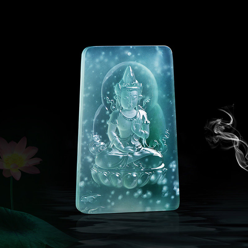 沁馨雅集 白度母玻璃种天然翡翠吊坠 木纳老坑雪花棉玉坠料子厚实