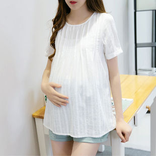 全棉短袖孕妇T恤衫休闲宽松大码上衣夏季薄款孕妇装潮妈短款衬衣t