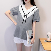 上衣2025夏季 全棉大码 新品 孕妇装 衬衣 V领短袖 打底衫 格子孕妇T恤衫