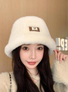 新款韩版秋冬百搭毛茸茸渔夫帽女时尚优雅保暖防寒显脸小布标盆帽