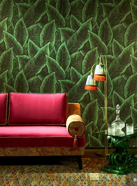 比利时ARTE进口墙布东南亚风格手绘树叶植物深绿色图案壁纸97570