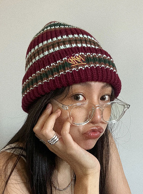 theMADHATcher「mini logo」条纹针织帽秋冬酒红毛线保暖复古撞色