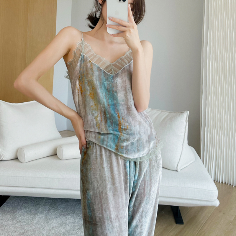 erc 2021夏季轻奢渐变油画色蕾丝网边真丝丝绒小吊带