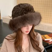 狐狸毛皮草渔夫帽护耳紫貂色高级感加厚保暖兔毛皮草帽女冬加厚