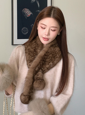 兔毛皮草三角巾双面真毛柔软复古保暖冬小披肩围巾女加厚球球