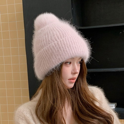 秋冬狐狸毛球加兔绒毛线针织护耳帽女百搭保暖显脸小旅行化滑雪帽