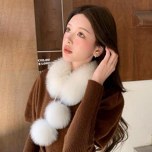 新款 温暖皮草围巾可爱毛球保暖真毛 狐狸毛双面雪球围脖女百搭冬季