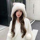 新款 水貂毛毛线帽小熊帽针织毛绒防风护耳帽皮草帽子女秋冬
