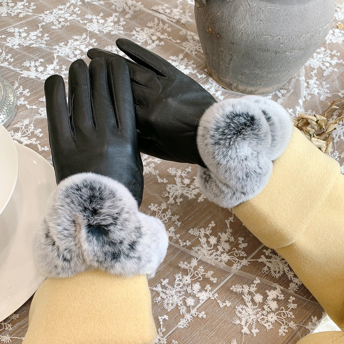 优雅獭兔毛羊皮真皮手套保暖女士手套可触屏女冬韩加绒加厚潮