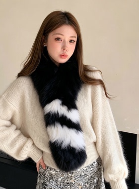 狐狸毛拼色围巾韩版气质女秋冬百搭双面编织皮草长围脖保暖毛领