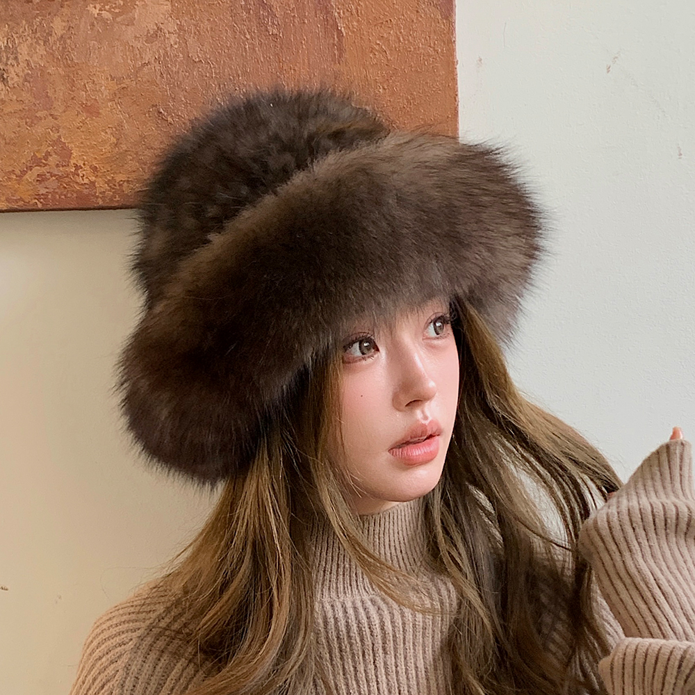 气质款紫貂毛渔夫帽 一圈狐狸毛真毛皮草帽子秋冬针织女士盆帽