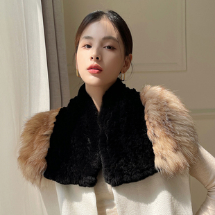獭兔毛配红狐狐狸毛真毛裘皮披肩大围脖围巾黑色大气感皮草坎肩