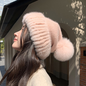 可爱水貂毛羊毛线混纺针织皮草帽子狐狸毛球球冬季 保暖护耳帽子女
