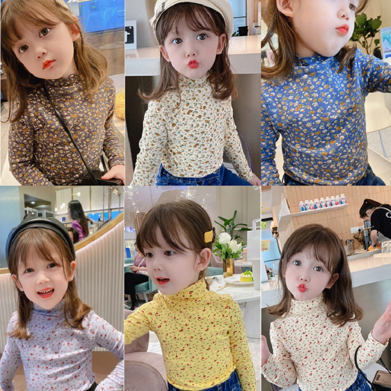 女童T恤碎花高领卷边打底衫24秋冬装新款外贸童装儿童3-8岁上衣