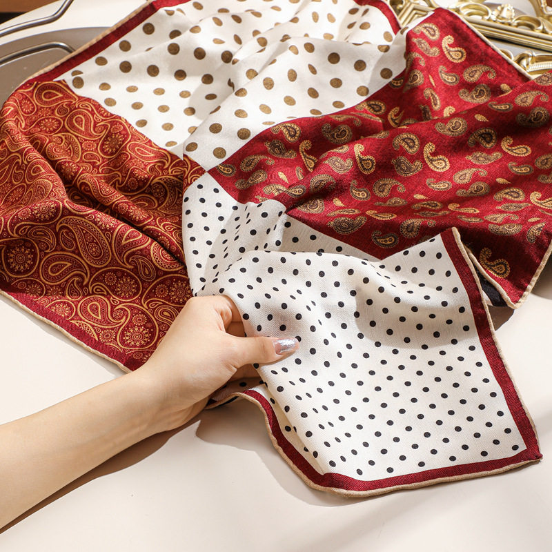 真丝羊毛双面双色四宫格腰果波点黑红70丝毛中方巾女围巾时尚百搭