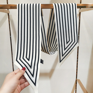 真丝线条百搭围巾双层条纹通勤简约真丝双绉丝巾女小飘带长条巾