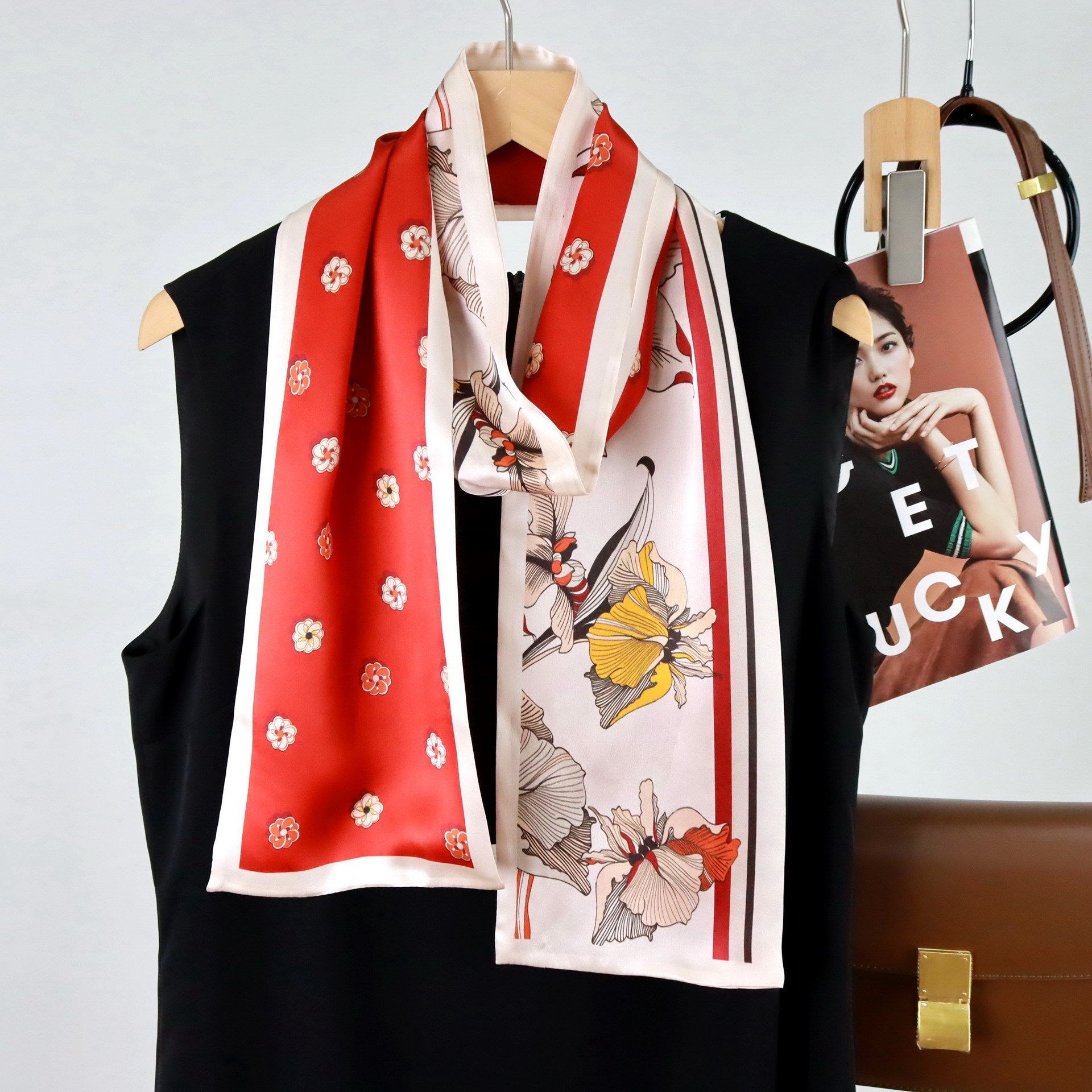 桑蚕丝丝巾女韩国新款春夏季长款双层双面真丝围巾细窄飘带长领巾