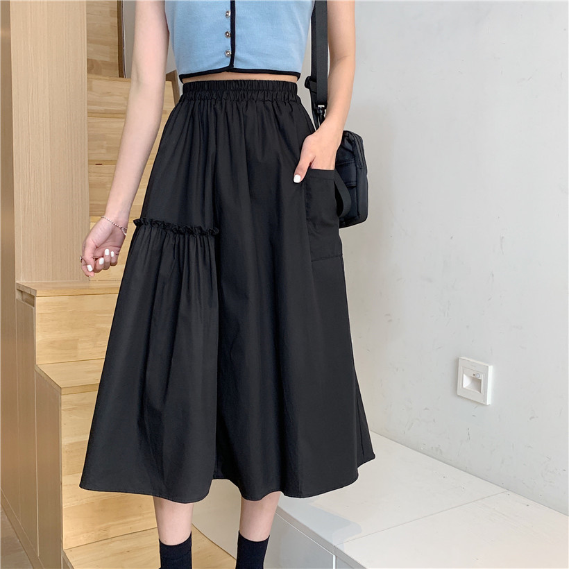 Real price white A-line skirt women's Korean high waisted slim versatile umbrella skirt medium length skirt