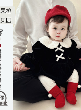 婴儿秋冬装金丝绒加厚连体哈衣女宝宝加绒保暖包屁衣公主爬服套装