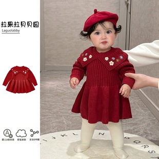 拉果拉宝宝一岁连衣裙喜庆圣诞款 纯棉针织裙子女童生日礼服裙套装