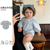 拉果拉女宝韩系浅蓝色蕾丝领连体衣婴儿长袖 包屁衣蝴蝶结发带套装