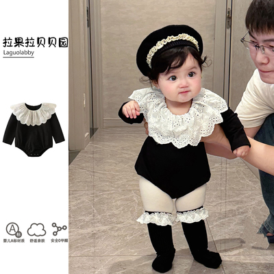 拉果拉新款春季婴儿衣服法式宫廷风包屁衣春秋花边领长袖哈衣套装