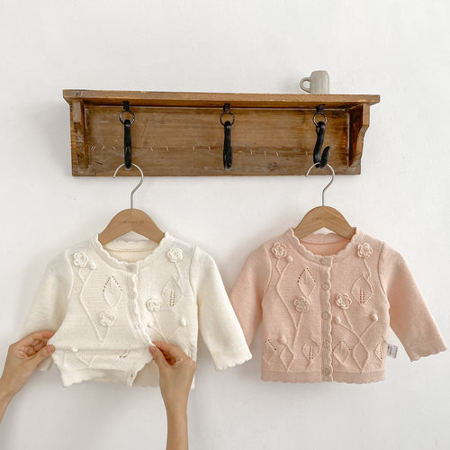 拉果拉贝贝园秋装女童毛衣开衫宝宝棉线针织外套波浪形花朵针织衫